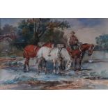A J Melville 1855 - 1904. Watercolour of a man on horse back with pack horses. 25 X W36cm approx.