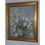 A 20th Century pastel of Daffodils and Tulips. In a good gilt frame. 40 x 50cms approx.