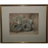 Attributed to Oliver Clare. A Watercolour Still life of eggs in nest with blossom. No apparent