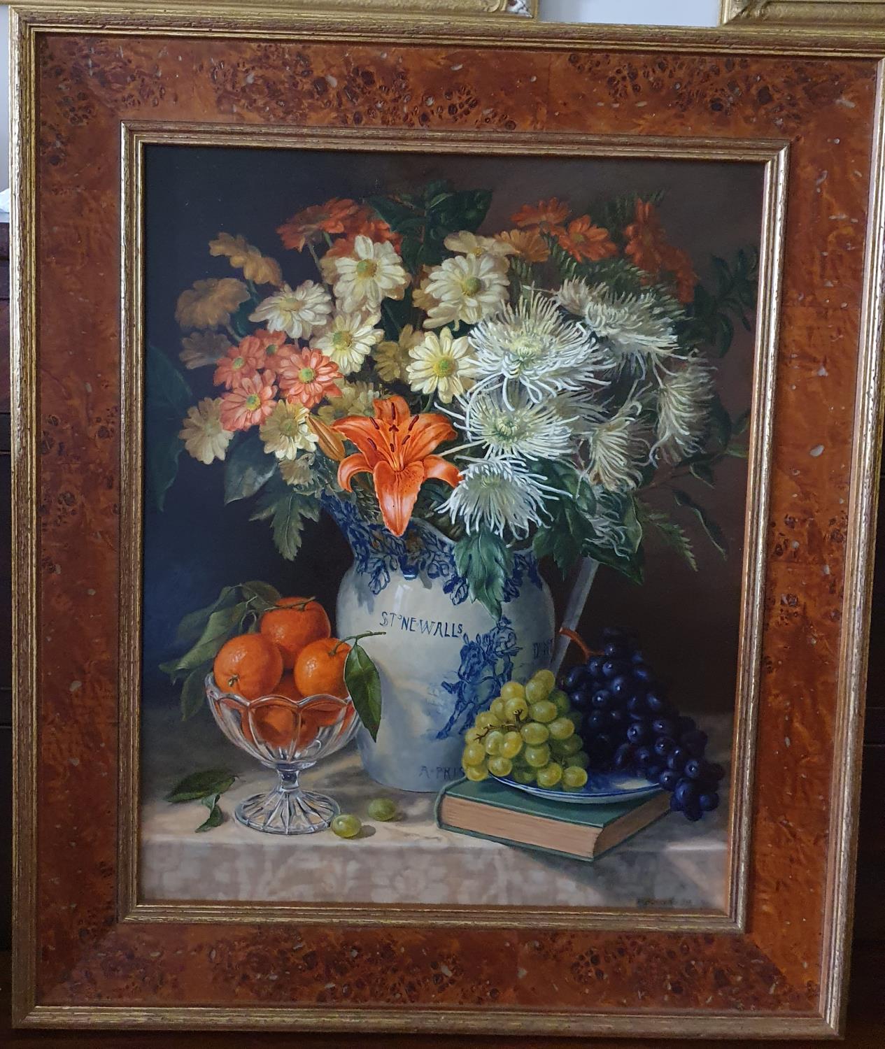 Diane Branscombe 20th Century. An Oil on Board still life with Flowers and fruit. Signed and dated