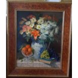 Diane Branscombe 20th Century. An Oil on Board still life with Flowers and fruit. Signed and dated