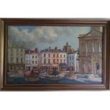 Margaret Peach RSA (20th Century) An Oil on Canvas of a market place and town hall Kelso, Scotland