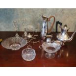 A Christofle style Water Jug, a pair of English Silver horseshoes along with other plated ware and