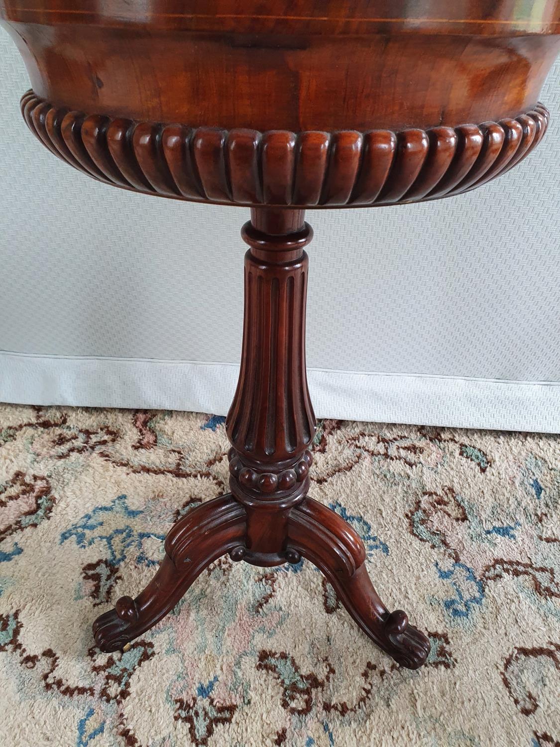 A Fabulous Walnut Inlaid oval Work Box on stand with highly reeded outline on turned carved - Image 3 of 4