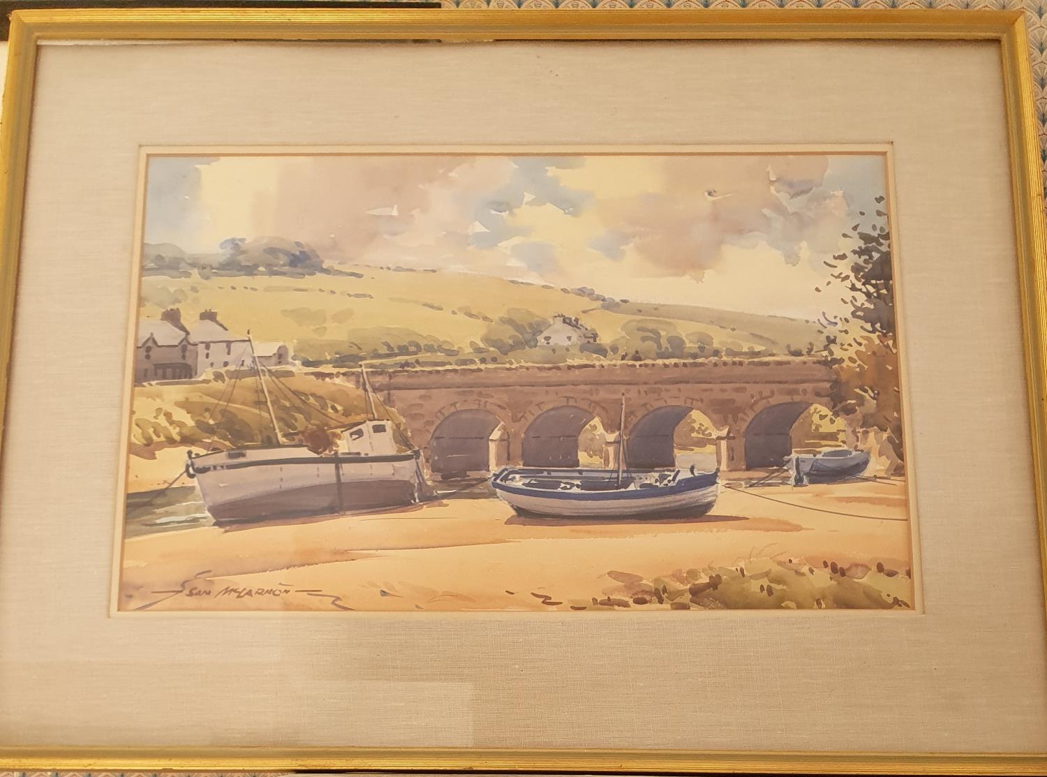 Sam McLarnon 1924-2012. A 20th century Watercolour of Boats on an estuary. Signed LL. 30 x W45cm
