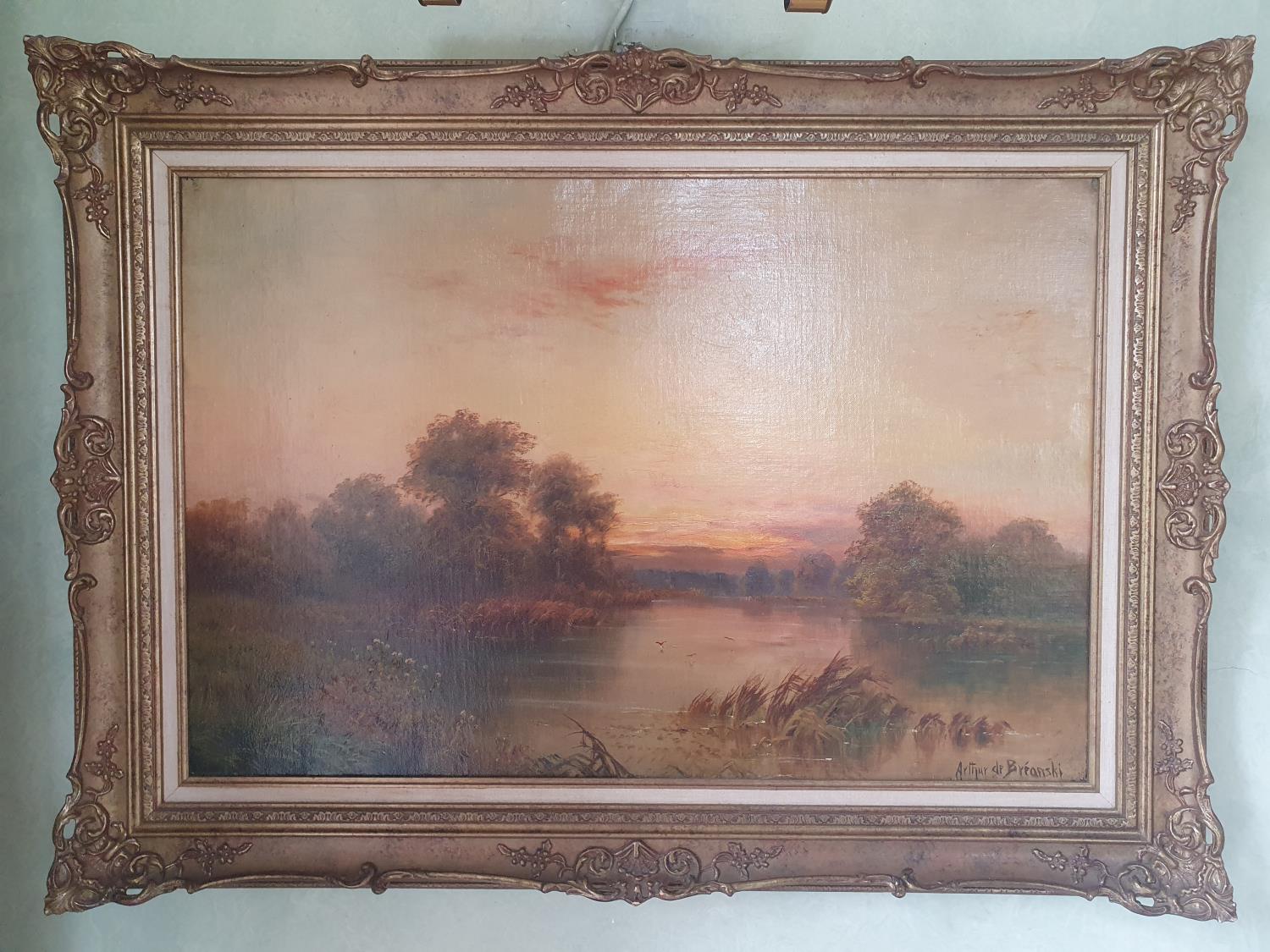 Arthur De Breanski. An Oil on Canvas of a sunset river landscape. Signed LR. 51 x 76cm approx. - Image 3 of 5