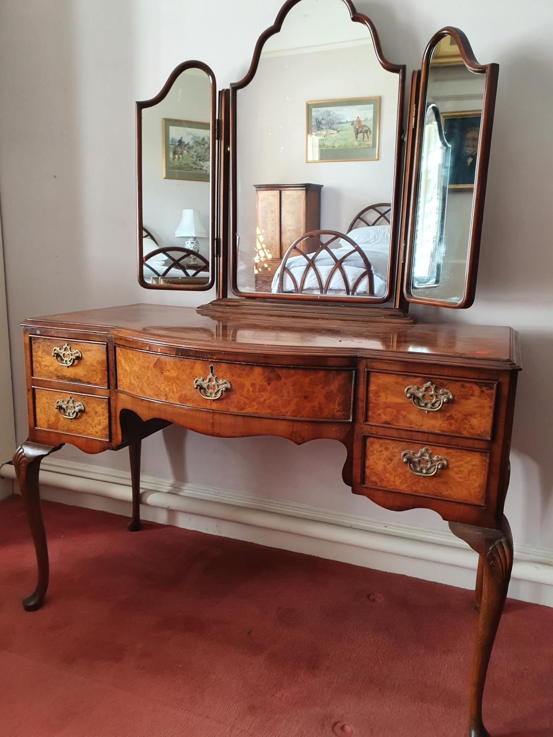 A 20th Century Walnut Dressing Table with triptych mirrored back on carved cabriole supports. H158 x - Image 2 of 2