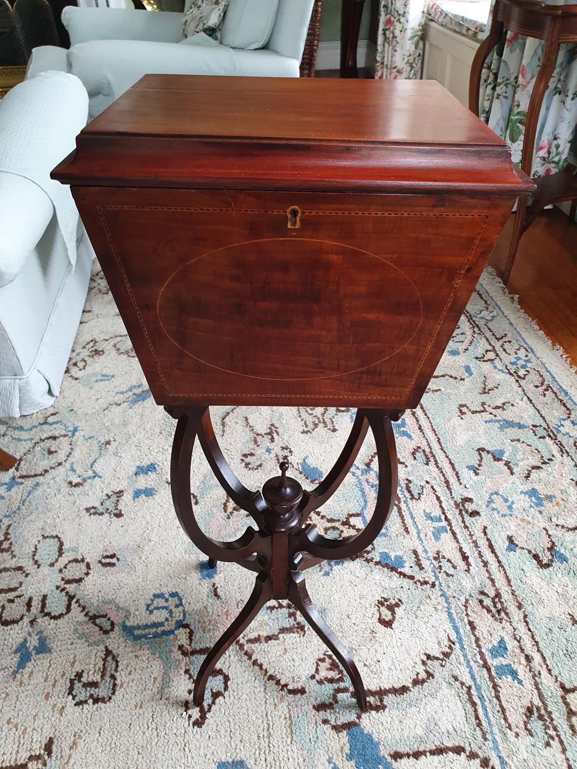 An Edwardian Mahogany Inlaid Sewing Box on shaped stand. 32 x 27 x H72cm approx.