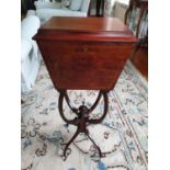 An Edwardian Mahogany Inlaid Sewing Box on shaped stand. 32 x 27 x H72cm approx.