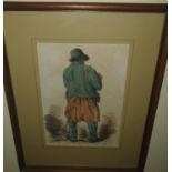 Attributed to Jack B Yeats. A 19th Century hand coloured Wood Block Engraving of a Man. 22 x W15cm