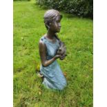 A really good Bronze Figure of a Girl kneeling with a bird in her hand. H59cm approx.