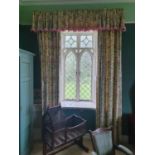A good suite of Curtains with yellow ground and floral decoration, also pelmet. Drop 340. Single