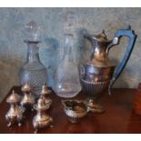 An Indian Salt, possibly Silver, along with other condiments, two decanters and a coffee pot.