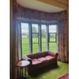 A lovely pair of Bay Window Curtains, double lined with cream ground and red floral decoration,