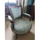 An Edwardian Mahogany Inlaid Salon Armchair with green damask upholstery. D60 x W67 x H81cm approx.
