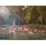 Charles Church (b 1971). An Oil on Canvas of Hounds and their keeper. Signed and dated'95 LR. 51 x