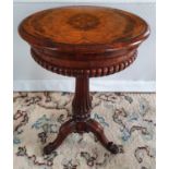 A Fabulous Walnut Inlaid oval Work Box on stand with highly reeded outline on turned carved