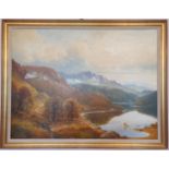 Andrew Grant Kurts. An Oil on Canvas of an extensive mountains lake landscape at evening. Signed LL.