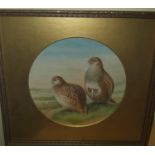 A George Parkin 19th Century Watercolour of a pair of grey partridge, diameter 19.5cm approx. Signed
