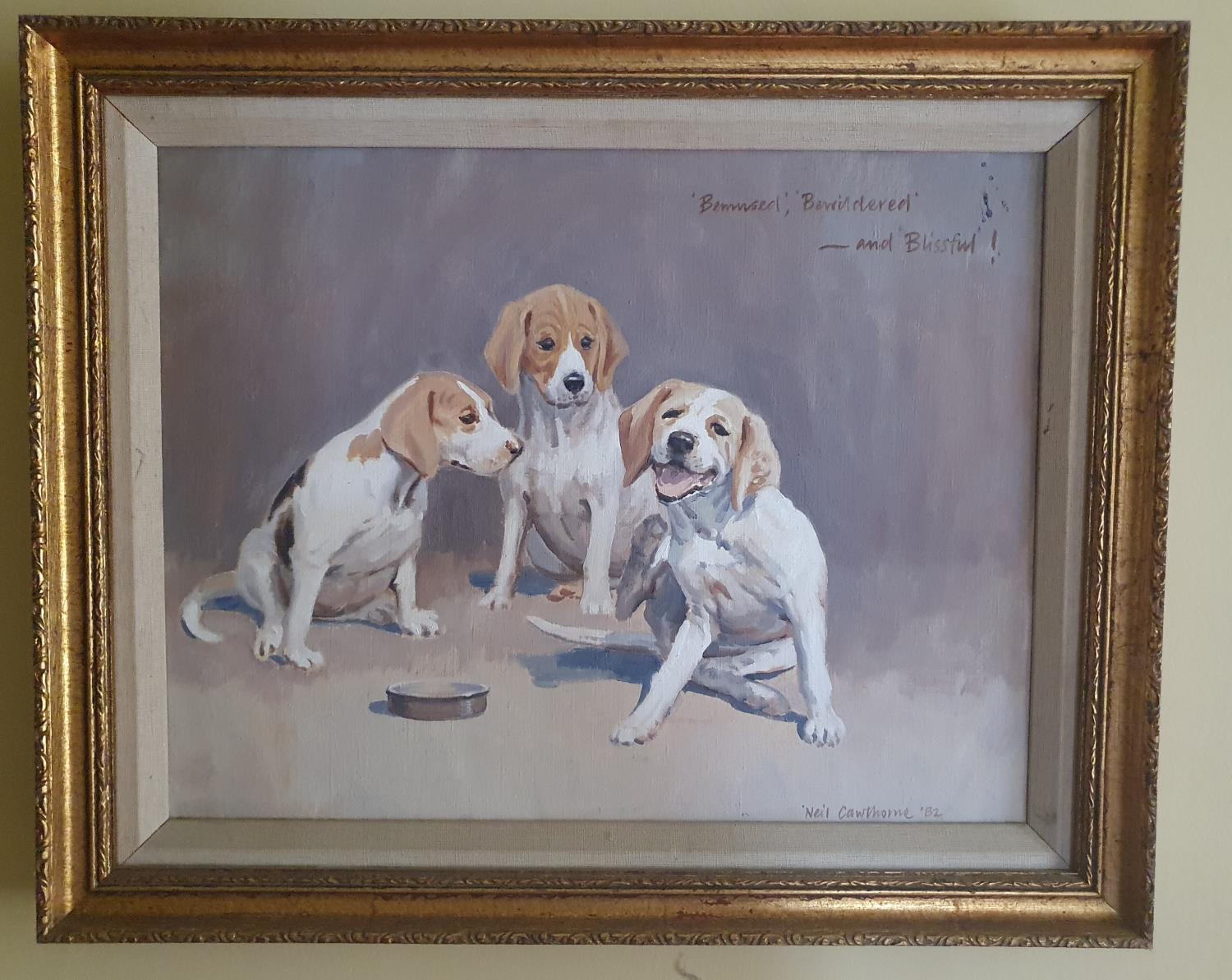 Neil Cawthorne. 'Bemused, Bewildered and Blissful. An Oil on Canvas of three Hounds. Signed and