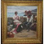 Kate Ashcroft early 20th Century. An Oil on Canvas 'Cornish Courtship'. A young couple seated on a