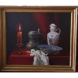 K Ruge. British born 1910 in Brighton. An Oil on Canvas Still Life with a burning candle, pewter