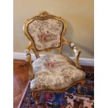 A good pair of Gilded Continental Armchairs with lovely tapestry upholstered seats and backs. W56