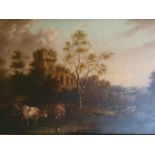 A good 19th possibly 18th Century Oil on Canvas of cattle beside a ruin. H29 x W44cm approx.