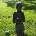 A really good Bronze Figure of a Girl kneeling with a bird in her hand. H59cm approx.