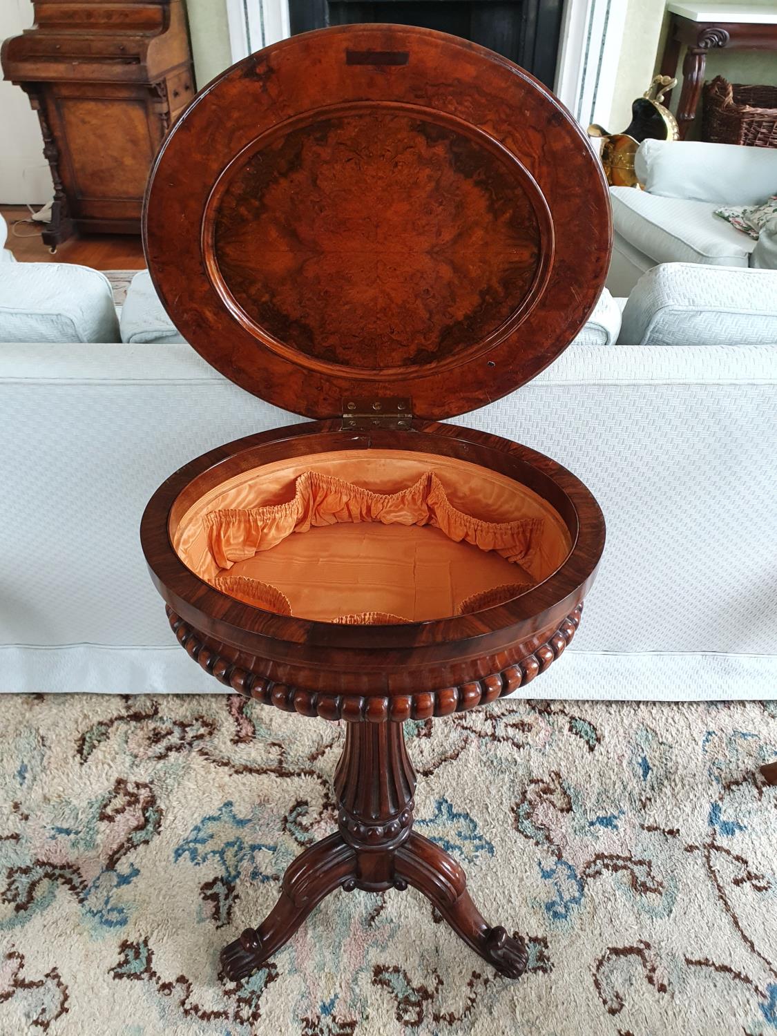 A Fabulous Walnut Inlaid oval Work Box on stand with highly reeded outline on turned carved - Image 4 of 4