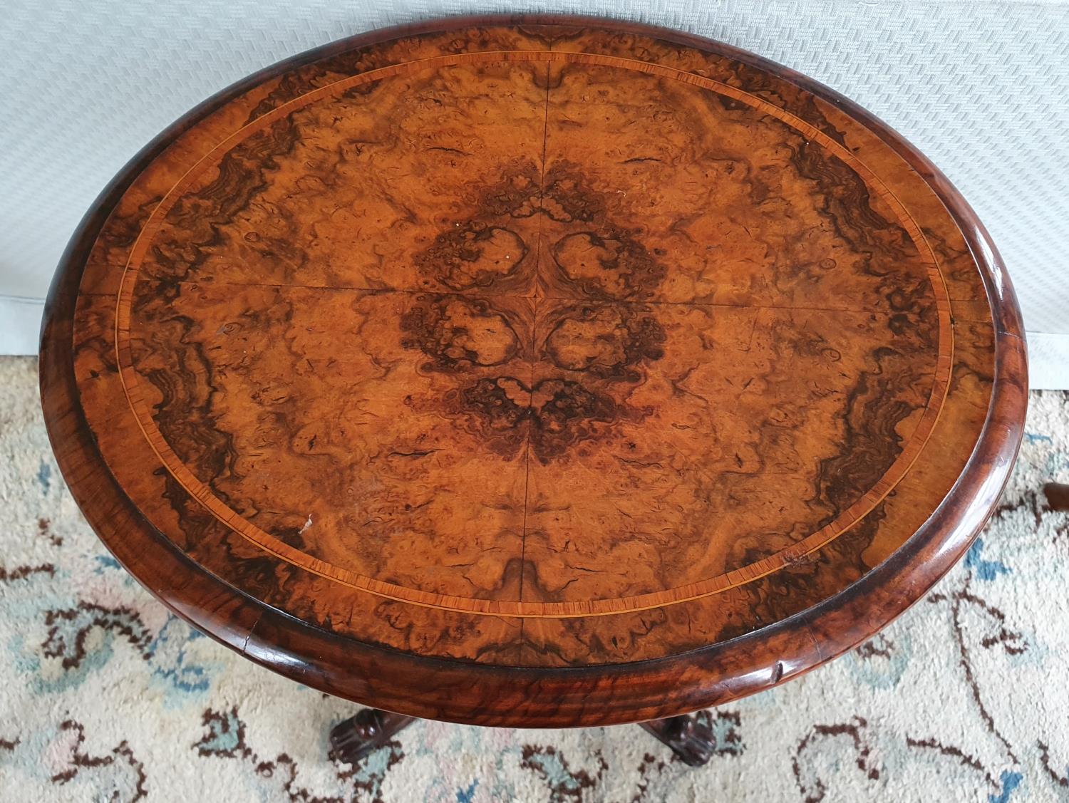 A Fabulous Walnut Inlaid oval Work Box on stand with highly reeded outline on turned carved - Image 2 of 4