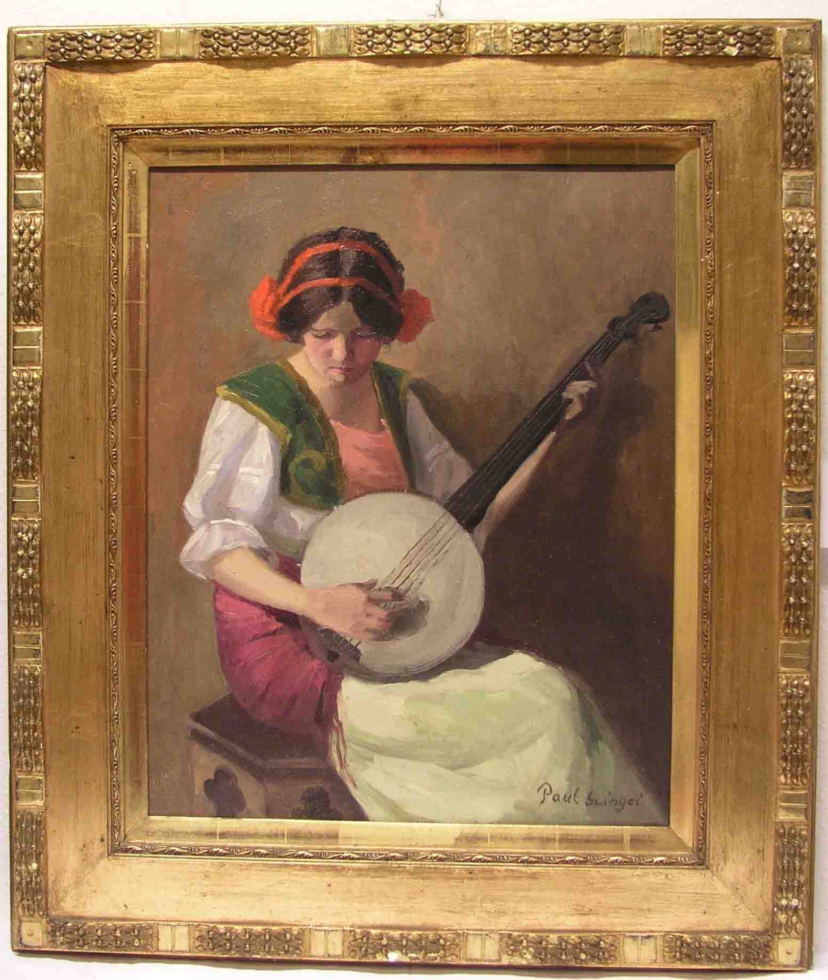 "Mädchen mit Mandoline". Öl/Lwd., im