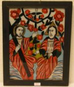 Hinterglasbild "Christus mit Kreuz und Heiliger"