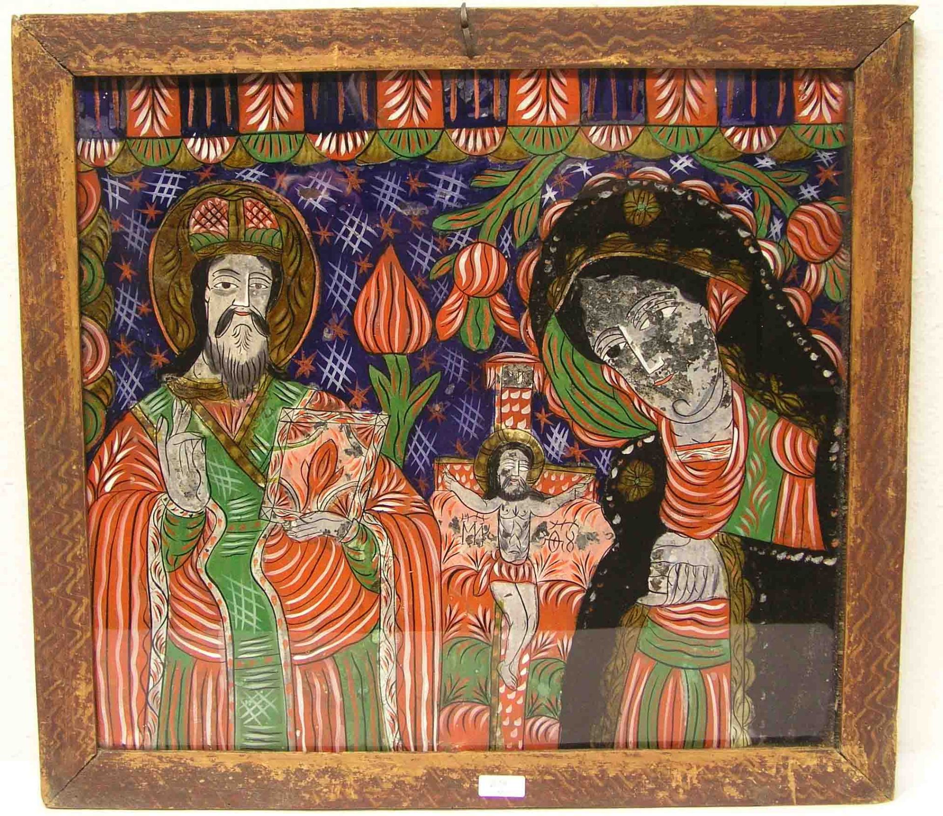 Hinterglasbild "Christus am Kreuz mit zwei Heiligen"