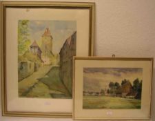 2 Aquarelle, "Stadtansicht von Freystadt" u. "Dorfansicht"