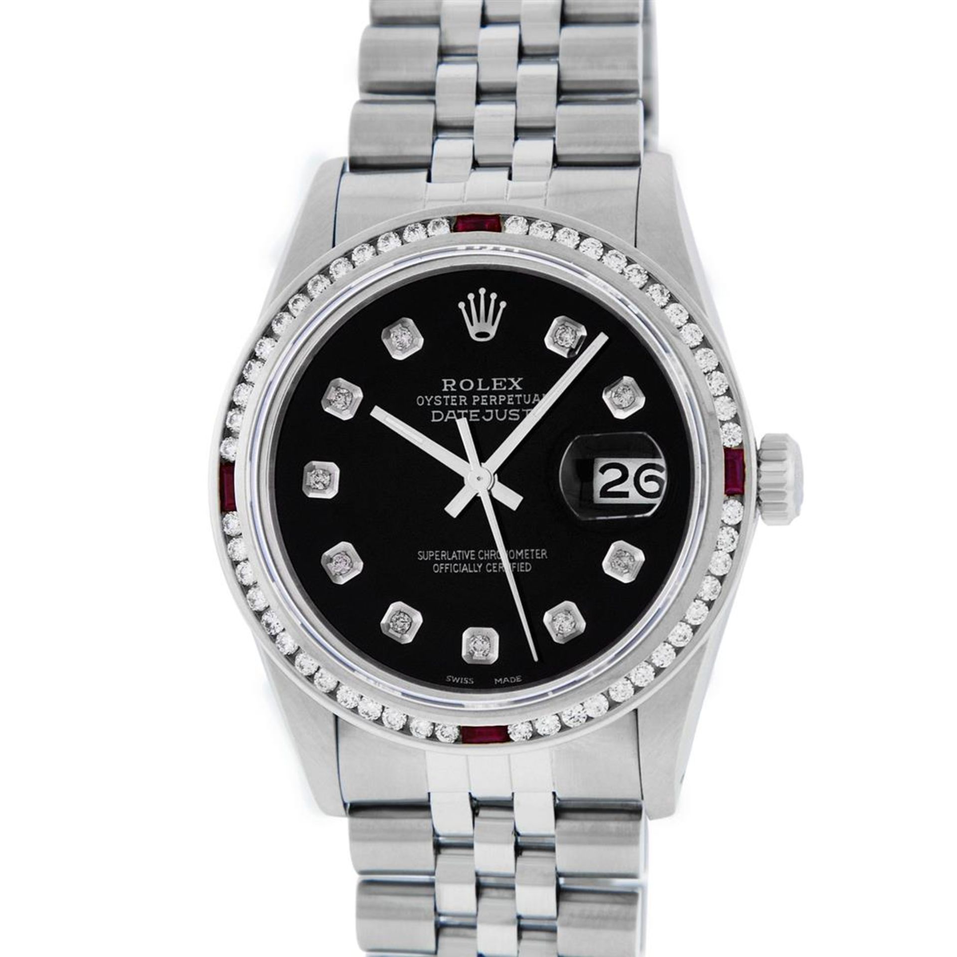 Rolex Mens SS Black Diamond & Ruby Channel Set Diamond Datejust Wristwatch 36MM - Image 2 of 7