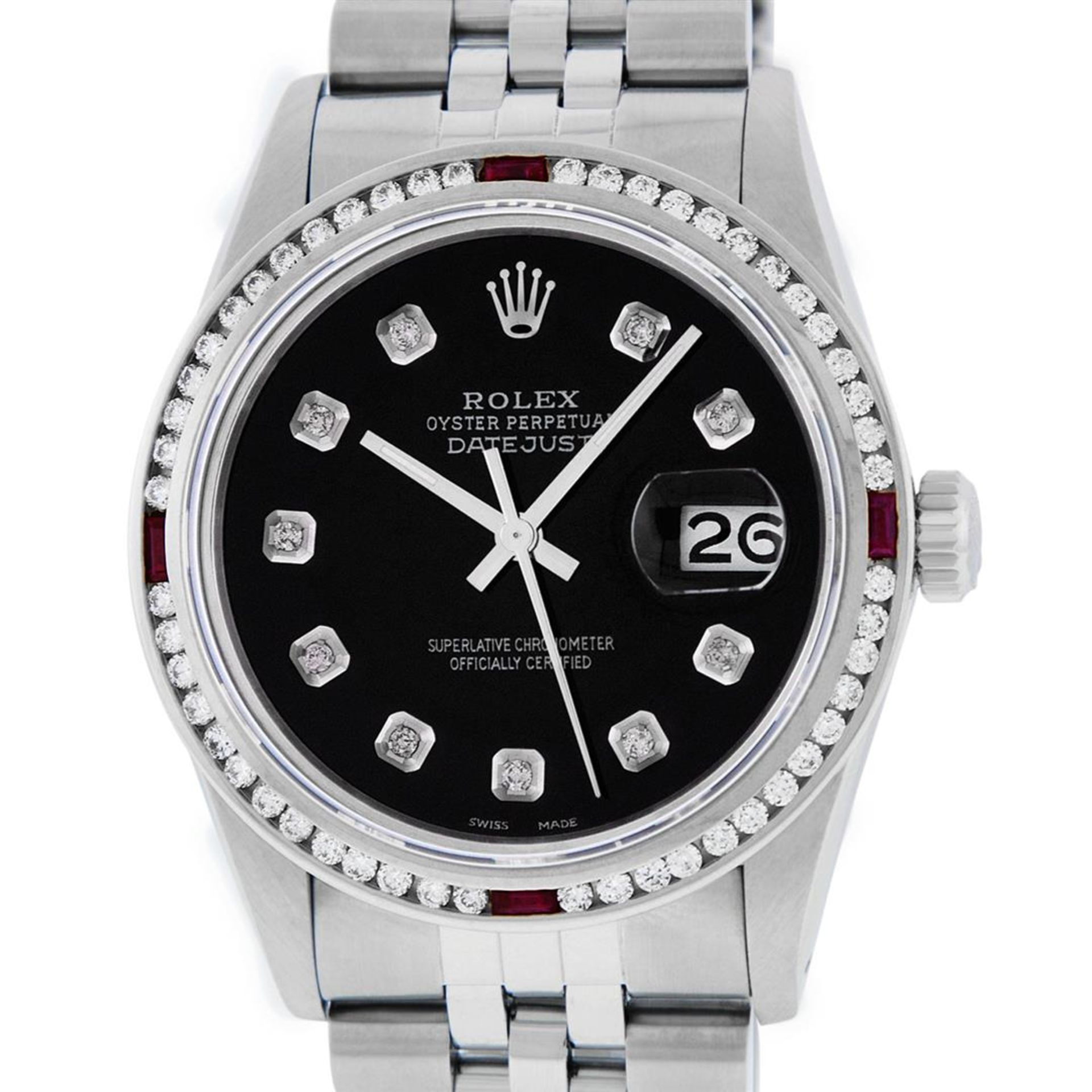 Rolex Mens SS Black Diamond & Ruby Channel Set Diamond Datejust Wristwatch 36MM