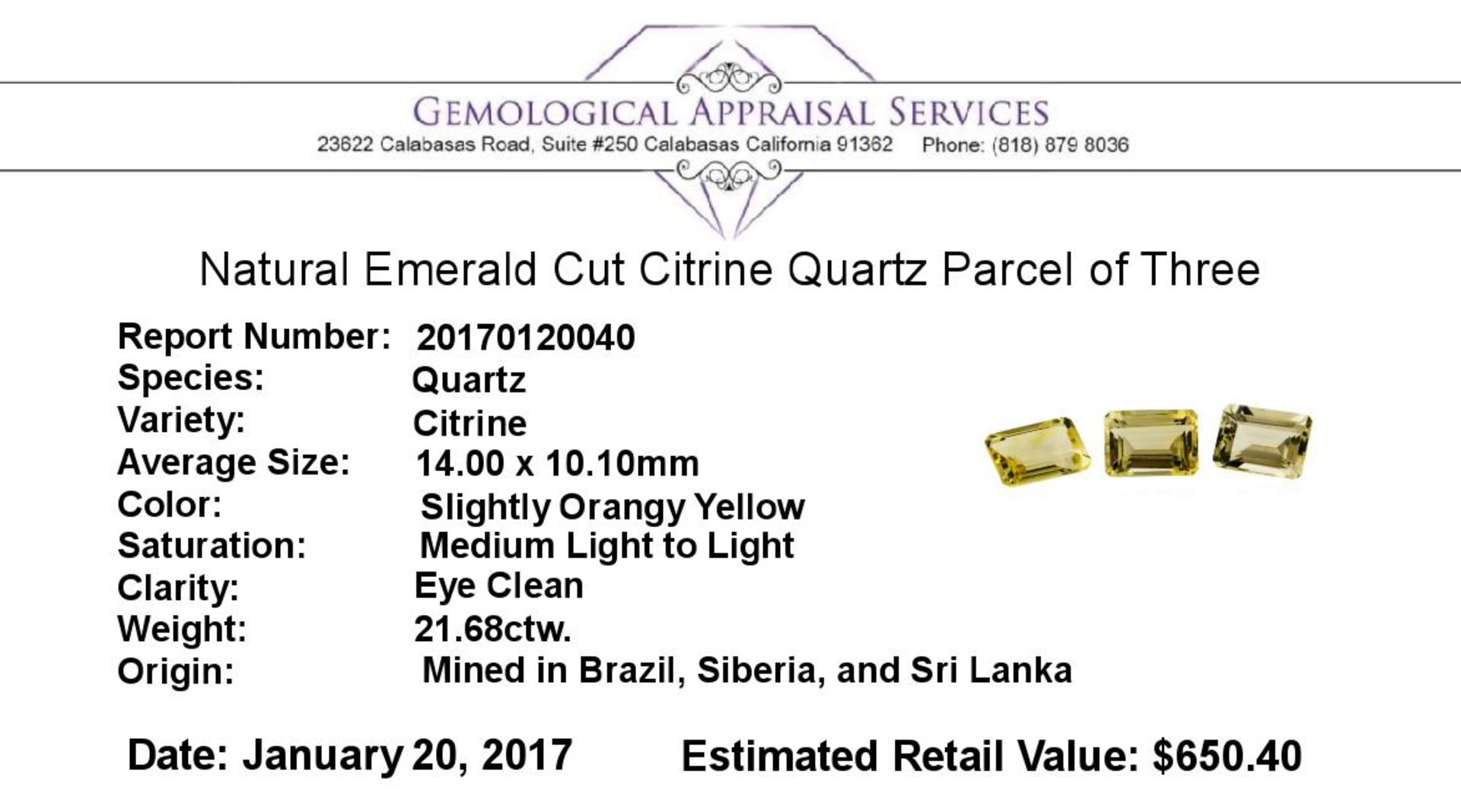21.68 ctw.Natural Emerald Cut Citrine Quartz Parcel of Three - Image 3 of 3