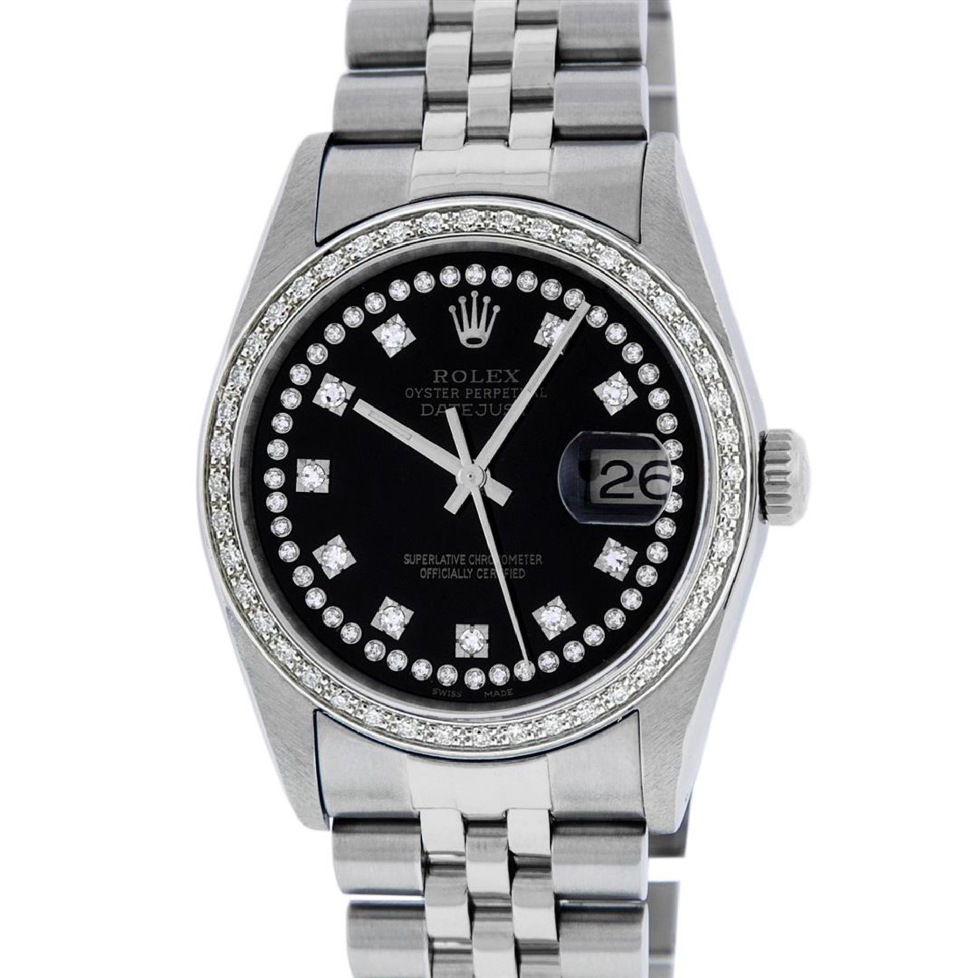 Rolex Mens Stainless Steel Black String Diamond 36MM Oyster Perpetual Datejust