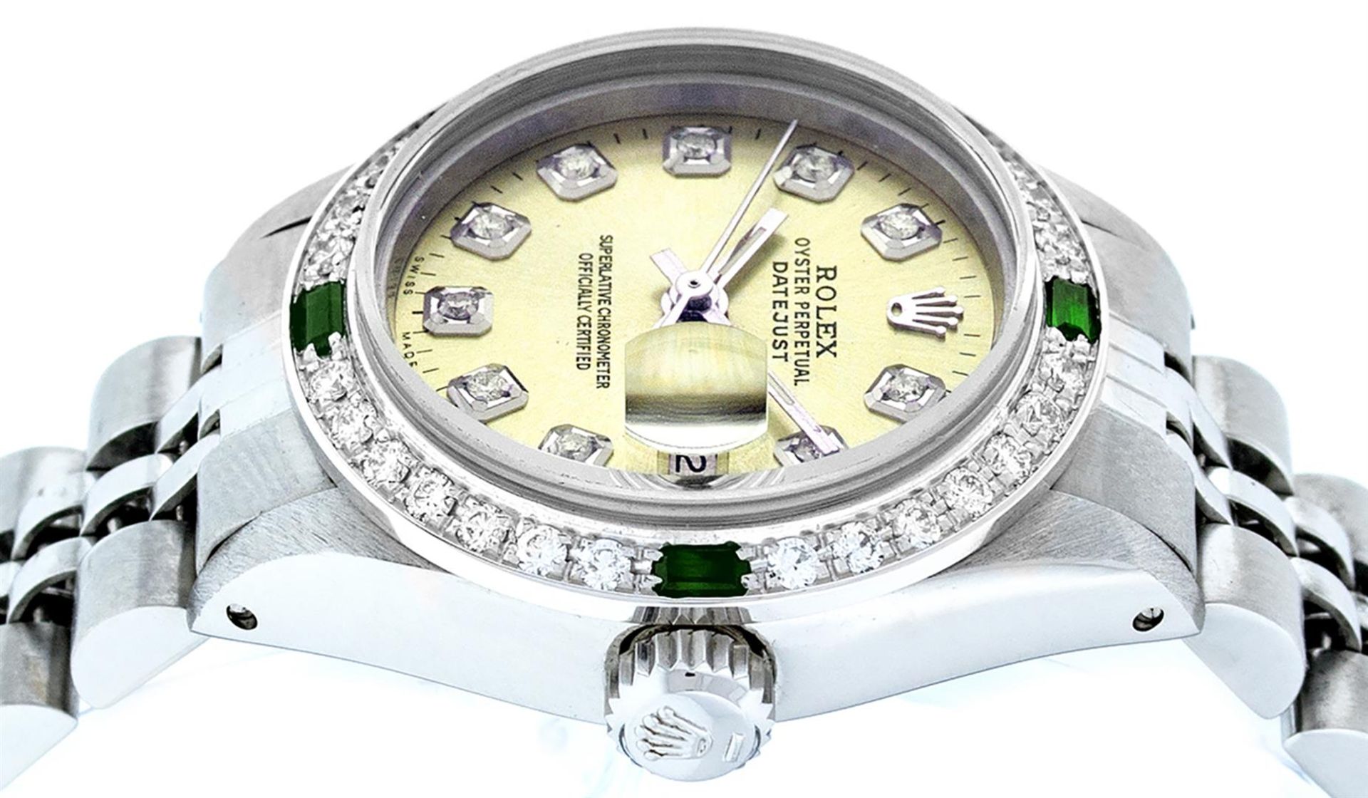 Rolex Ladies Stainless Steel Yellow Diamond & Emerald Oyster Perpetual Datejust - Image 3 of 9