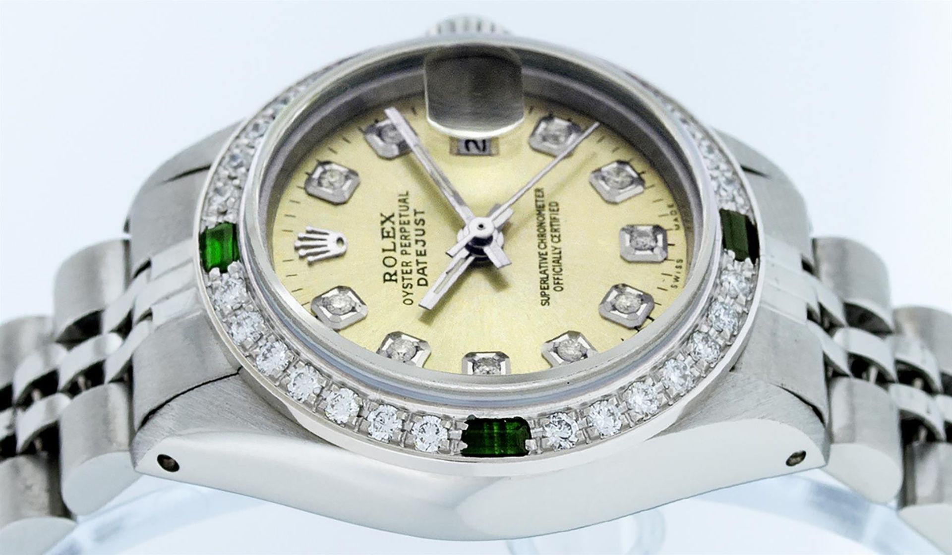 Rolex Ladies Stainless Steel Yellow Diamond & Emerald Oyster Perpetual Datejust - Image 4 of 9