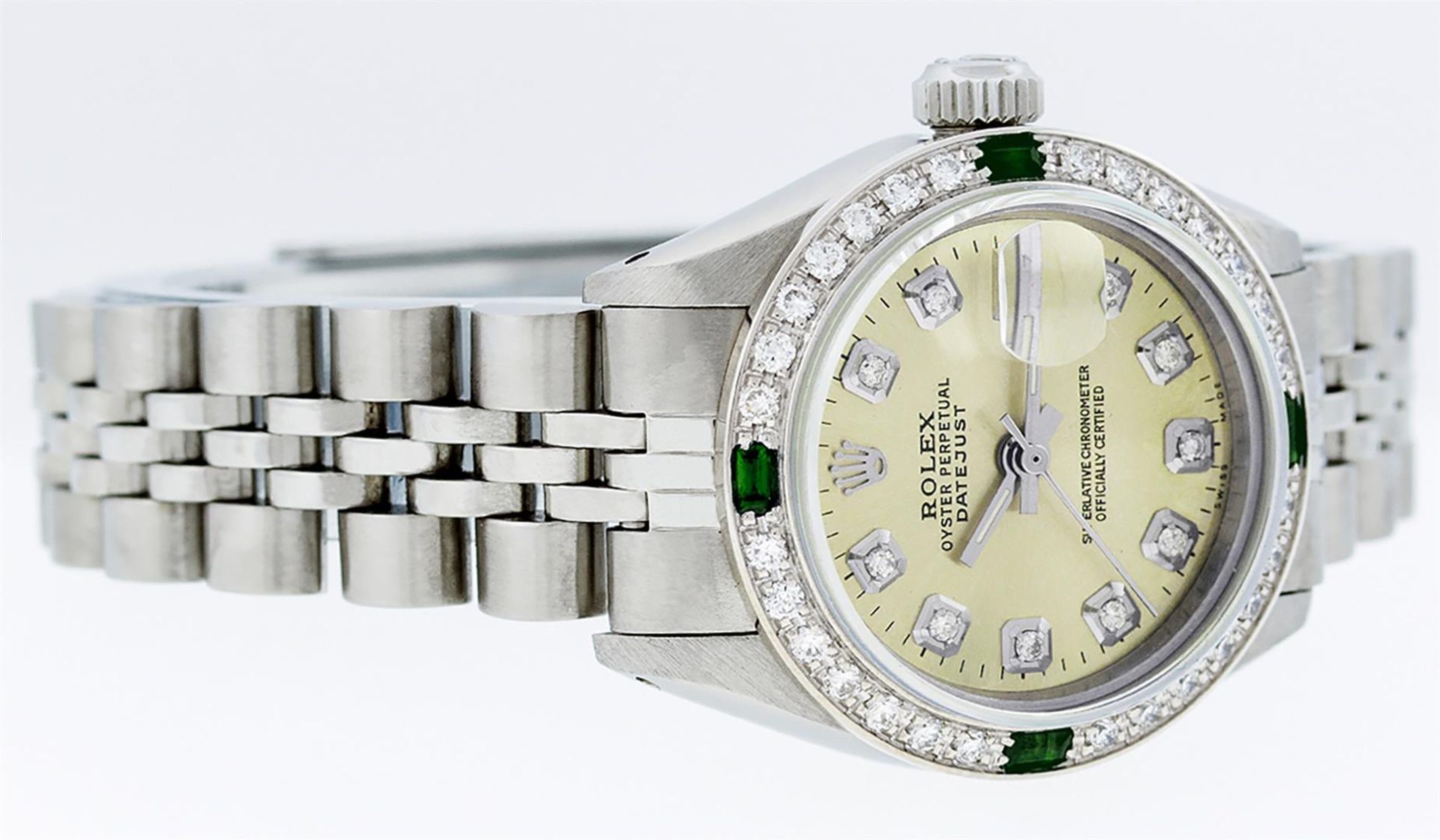 Rolex Ladies Stainless Steel Yellow Diamond & Emerald Oyster Perpetual Datejust - Image 5 of 9