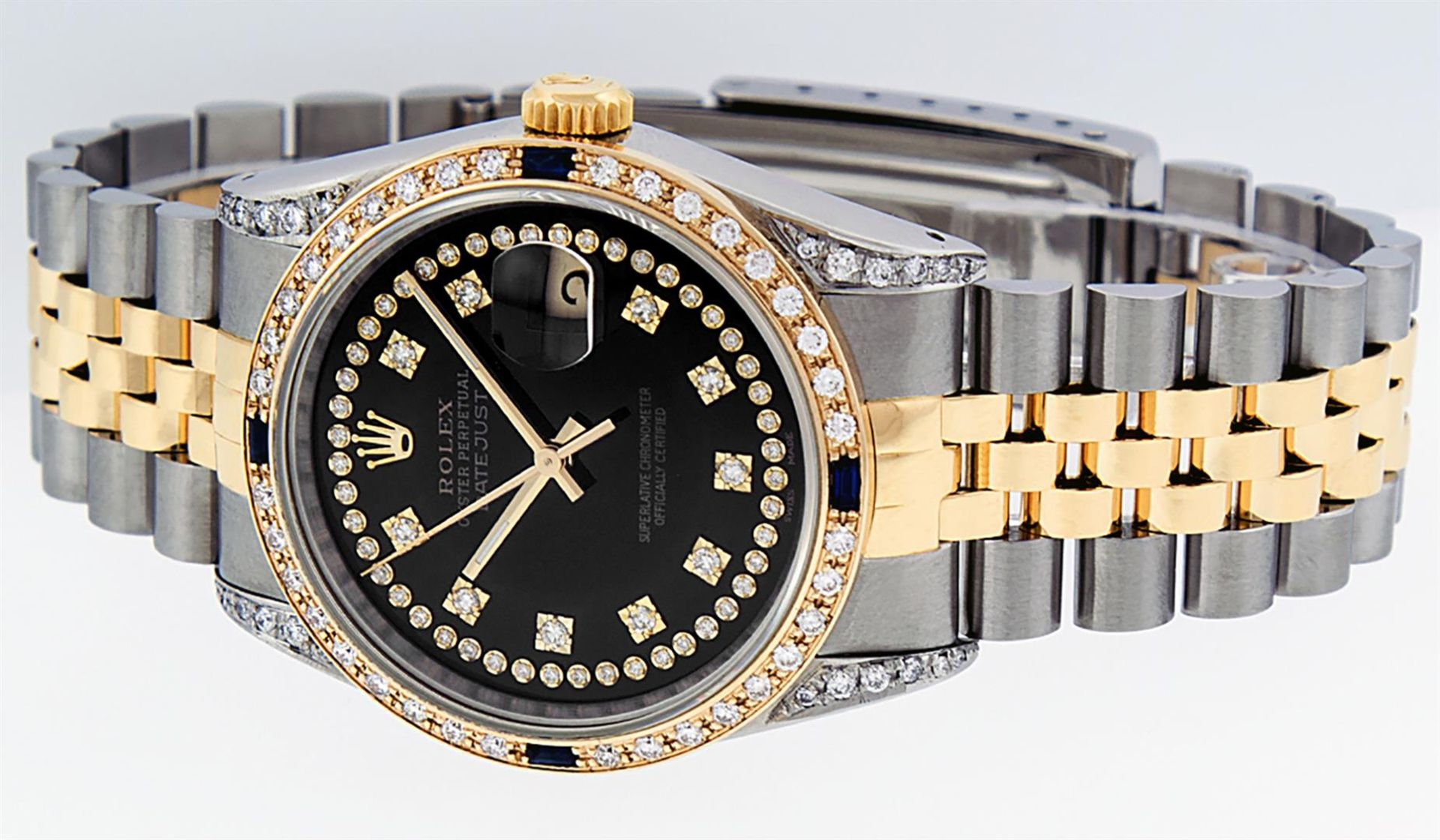 Rolex Mens 2 Tone Black Diamond String Lugs & Sapphire Datejust Wristwatch - Image 7 of 9