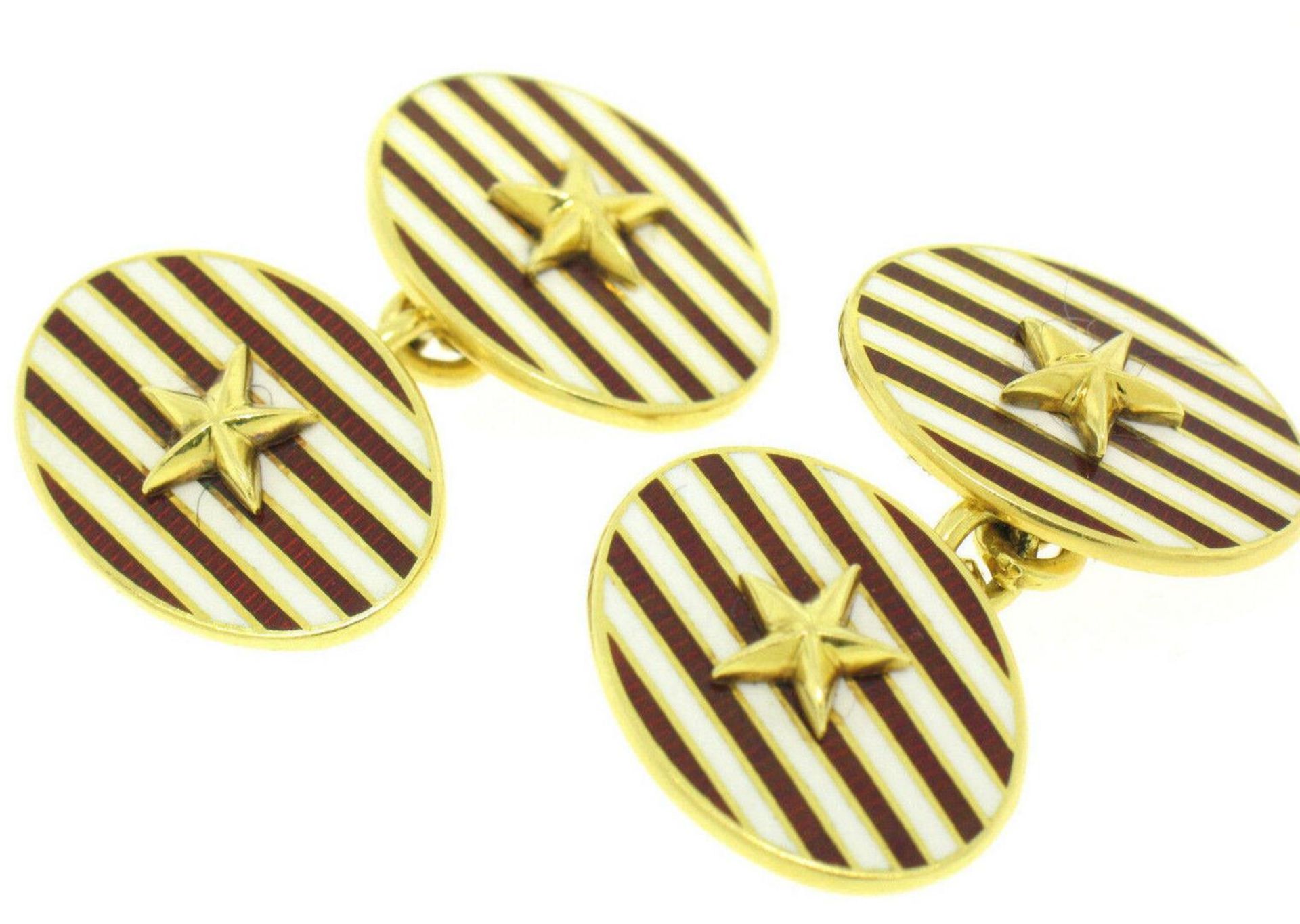 Estate Asprey 18k Solid Gold Collectible Red White Enamel Stripe Star Cufflinks