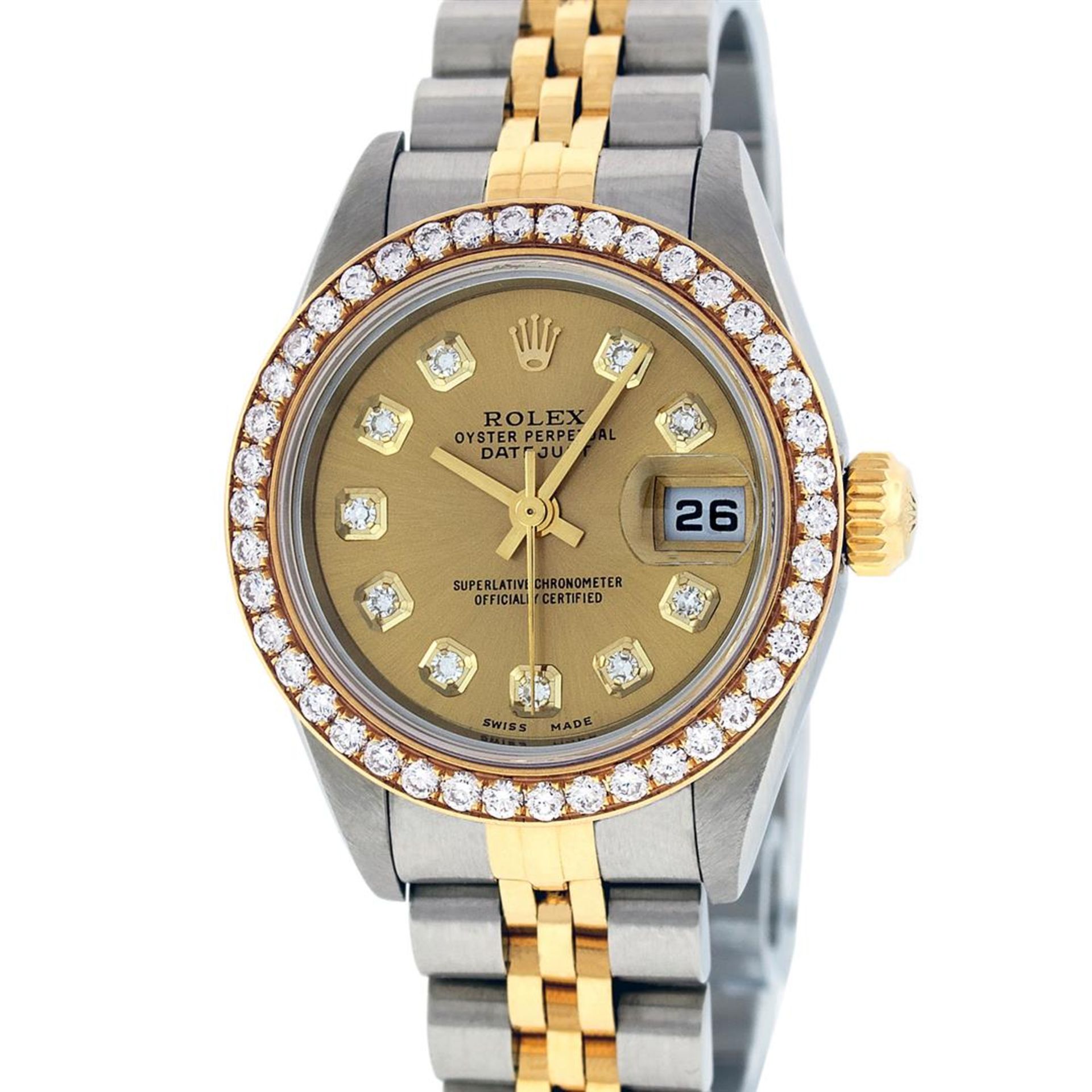 Rolex Ladies Quickset 2 Tone Champagne 1 ctw YG Diamond Oyster Perpetual Datejus