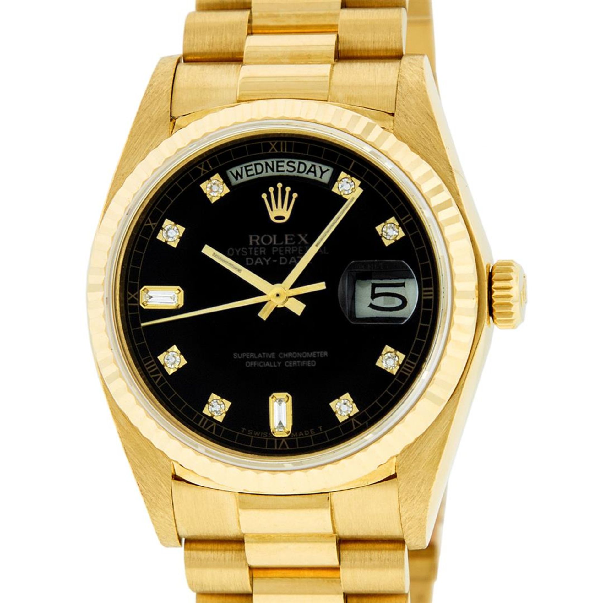 Rolex Mens 18K Yellow Gold Black Diamond Quickset President Wristwatch