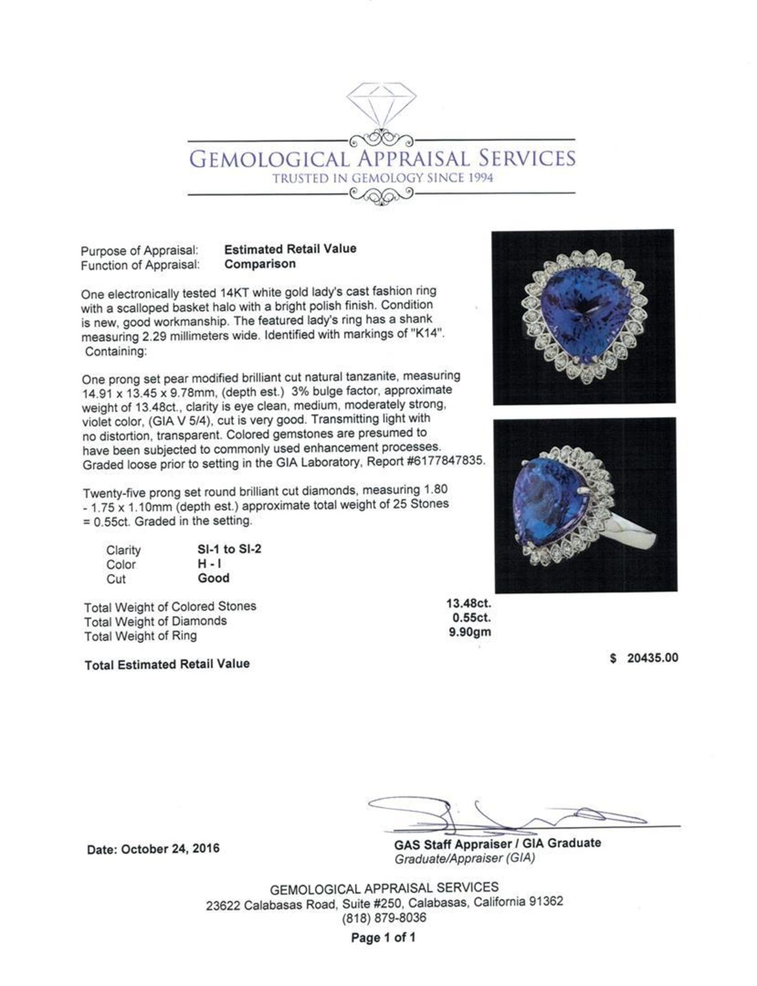GIA Cert 13.48 ctw Tanzanite and Diamond Ring - 14KT White Gold - Image 5 of 6