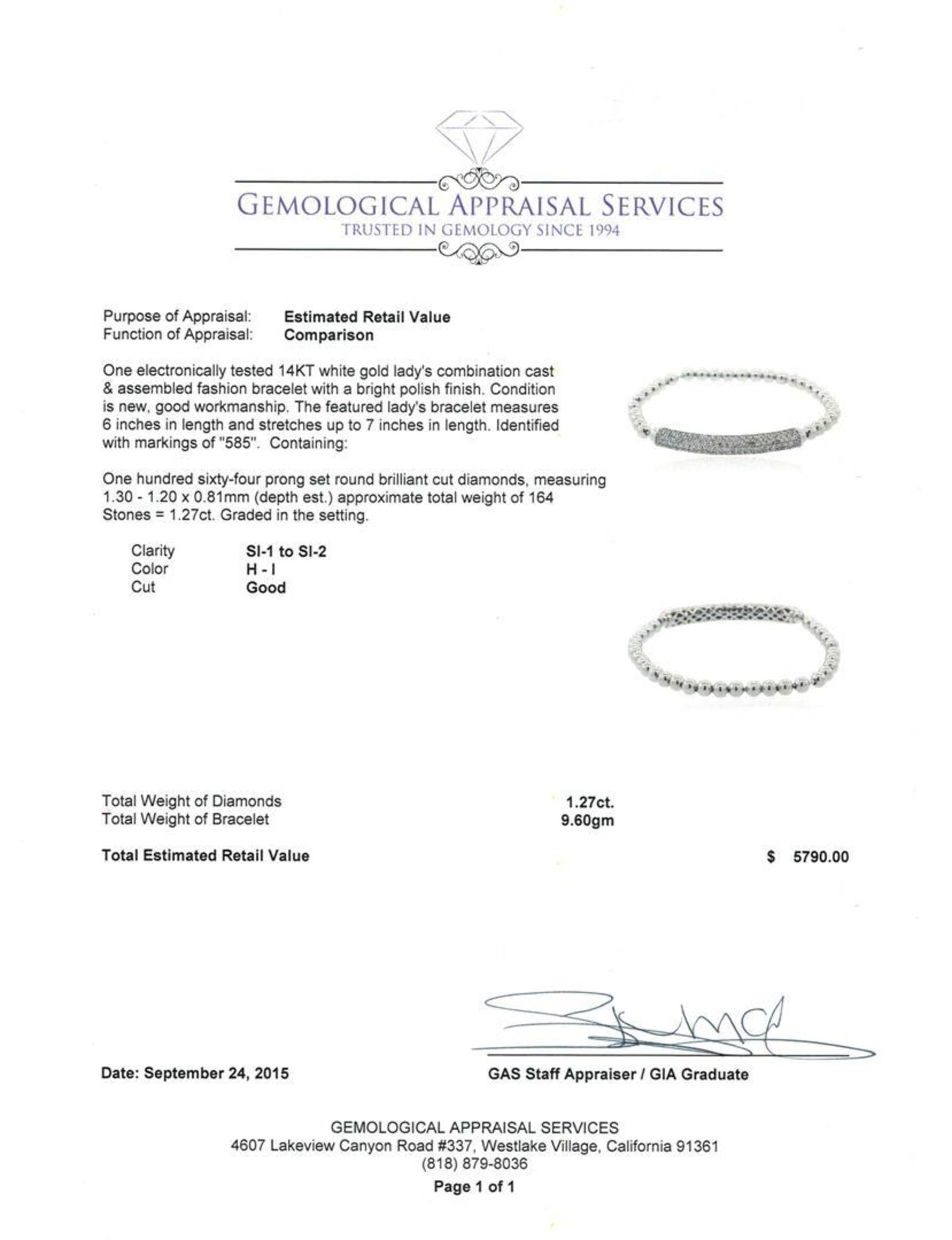 1.27 ctw Diamond Bracelet - 14KT White Gold - Image 3 of 3