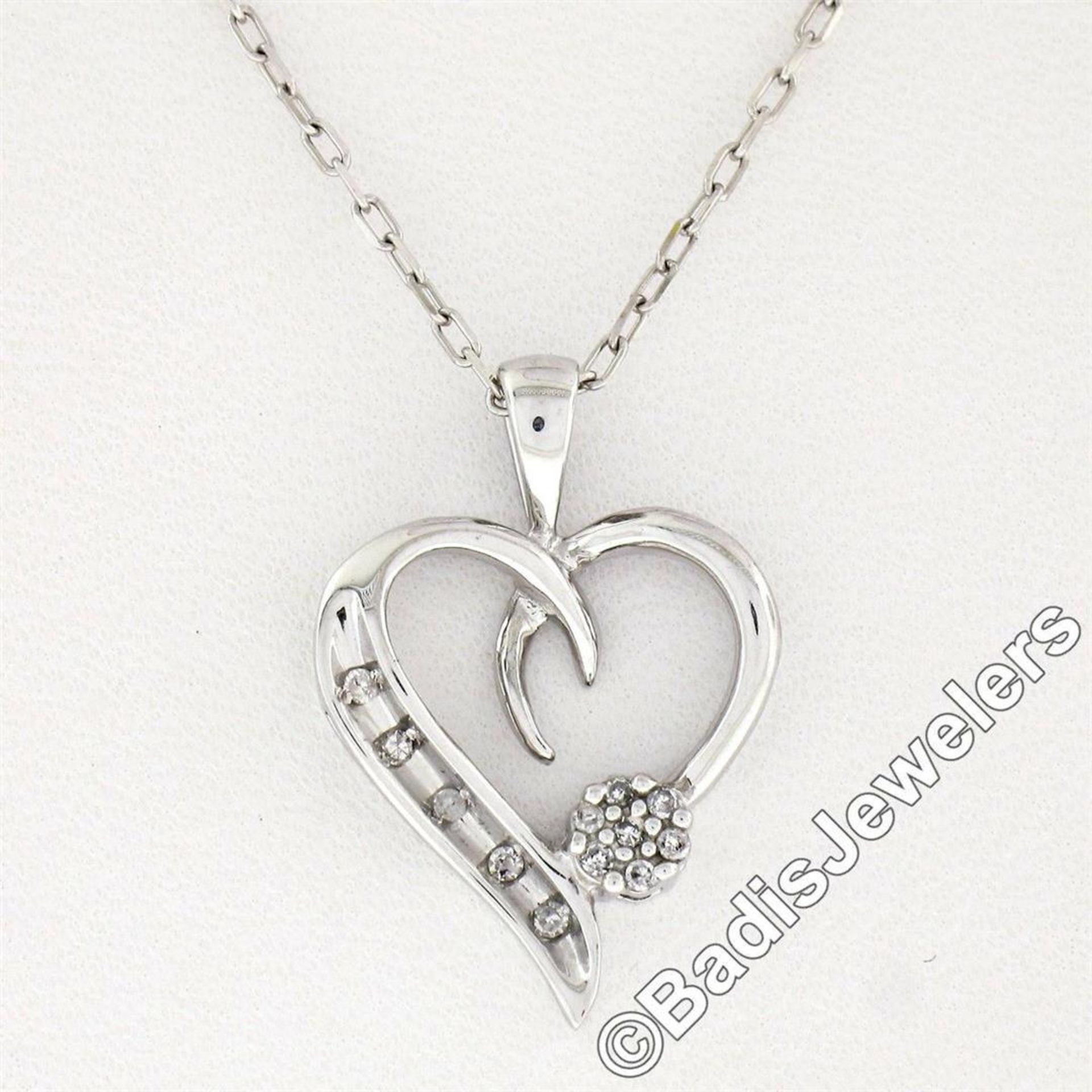 10kt White Gold Pave Set Single Cut Diamond Open Heart Flower Cluster Pendant Ne