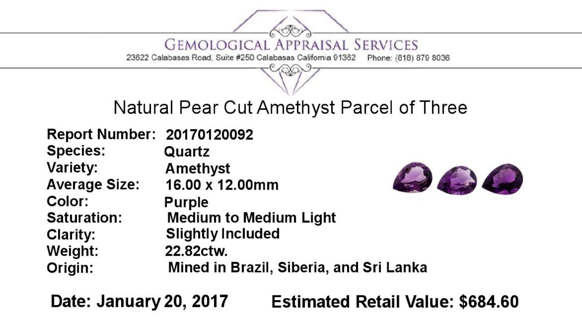 22.82 ctw.Natural Pear Cut Amethyst Parcel of Three - Image 3 of 3